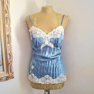Y2K Vintage Licorice Blue Satin Camisole Top Ivory Lace Trim  Coquette Fairycore